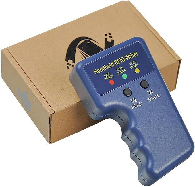 125kHz Handheld RFID Reader Writer, Upgrade Smart Id Card Duplicator Cloner - shown in blue with two buttons labeled READ and WRITE, three status indicator lights, and its cardboard box.