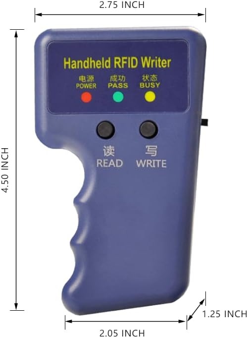 125kHz Handheld RFID Reader Writer, Upgrade Smart Id Card Duplicator Cloner - shown in a blue, pistol-grip form with dimension labels, indicator lights, and Read and Write buttons.