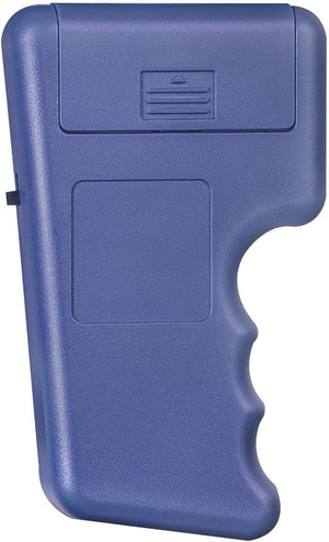 125kHz Handheld RFID Reader Writer, Upgrade Smart Id Card Duplicator Cloner - the back of the blue, pistol-grip device with a battery compartment cover and a recessed square panel.