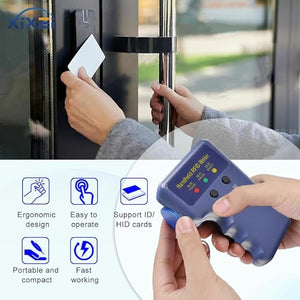 125kHz Handheld RFID Reader Writer, Upgrade Smart Id Card Duplicator Cloner - shown in blue with two buttons and three indicator lights, held in a hand while a white card is used on a door.