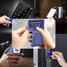 125kHz Handheld RFID Reader Writer, Upgrade Smart Id Card Duplicator Cloner - a blue handheld device with three colored indicator lights and buttons being used to clone various RFID tags.