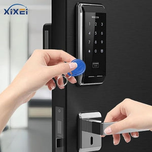 125kHz Handheld RFID Reader Writer, Upgrade Smart Id Card Duplicator Cloner - holds a blue RFID key fob near a black digital door lock keypad with numeric buttons and a card sensor.