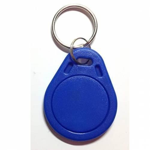 125kHz RFID Tag Key Ring Tag RFID Card - a blue, teardrop-shaped plastic RFID tag attached to a silver metal split key ring.