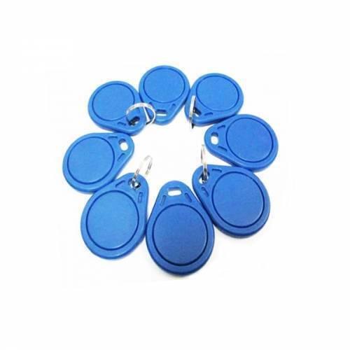 125kHz RFID Tag Key Ring Tag RFID Card - shown as a collection of eight blue, oval-shaped plastic key fobs arranged in a circle with attached metal key rings.