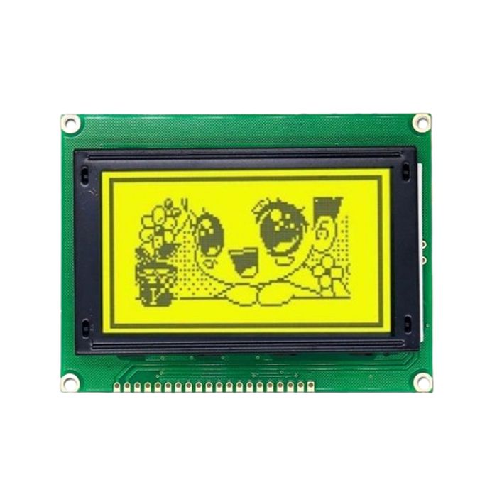 128x64 Yellow/green Color LCD Display Module (JHD12864E) - circuit board with a yellow screen displaying a pixelated cartoon character.