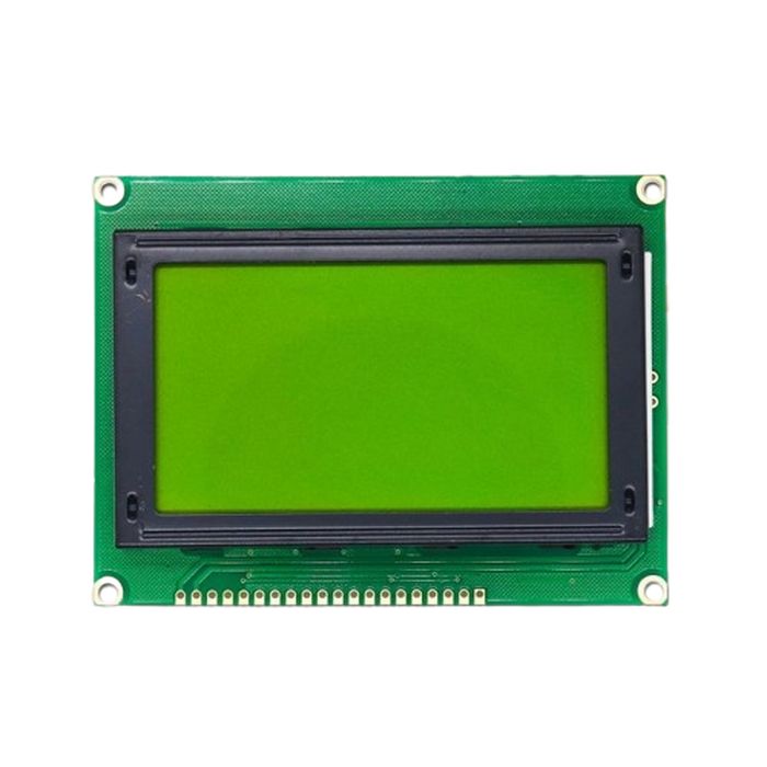 128x64 Yellow/green Color LCD Display Module (JHD12864E) - a rectangular green screen mounted on a green circuit board with a row of connection pins.