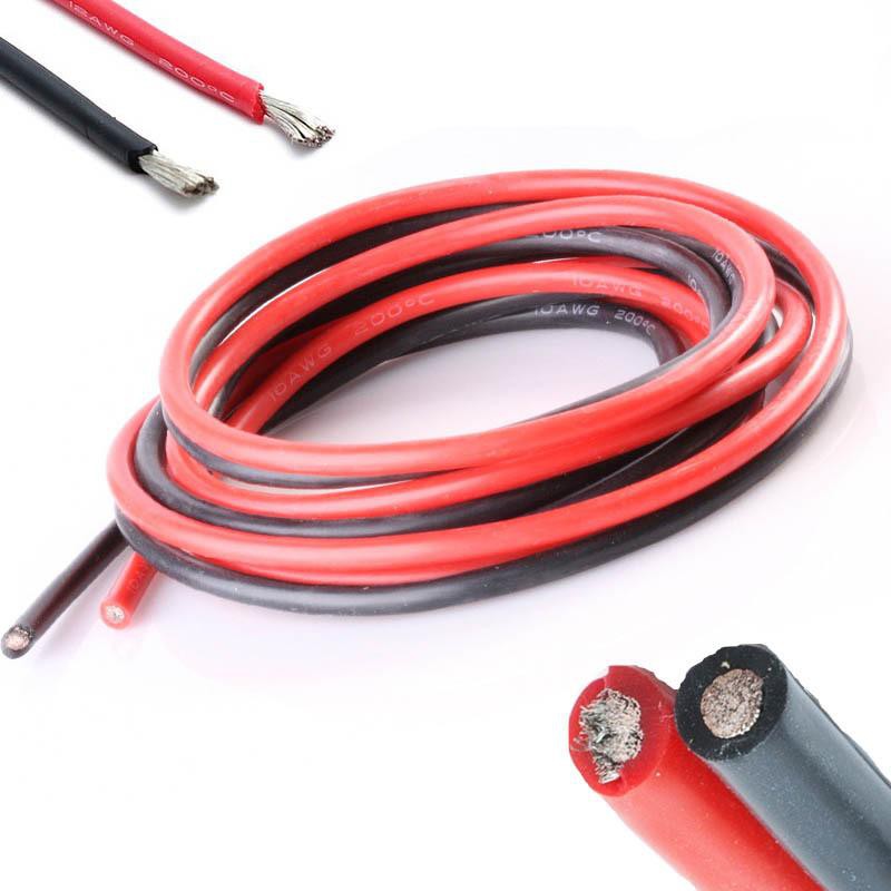 12AWG High Quality And Temperature Silicone Soft Red And Black Wire 30cm (pair) - a coiled pair of red and black silicone wires with exposed ends.