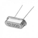 12MHz Crystal Oscillator - shown as a silver-colored, oval-shaped metal component with two wire leads and the number 12.000 stamped on its face.