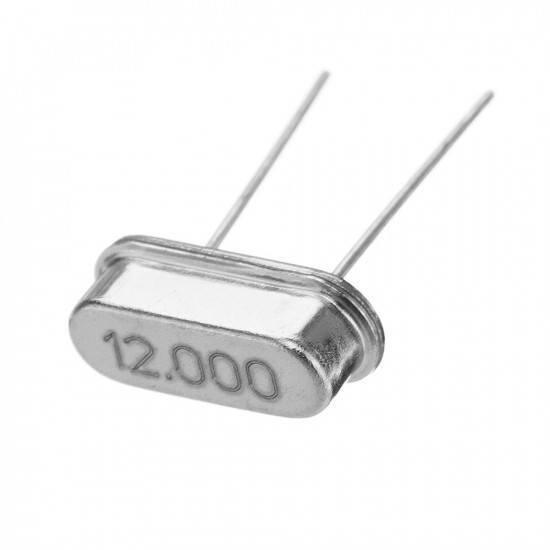 12MHz Crystal Oscillator - shown as a silver-colored, oval-shaped metal component with two wire leads and the number 12.000 stamped on its face.