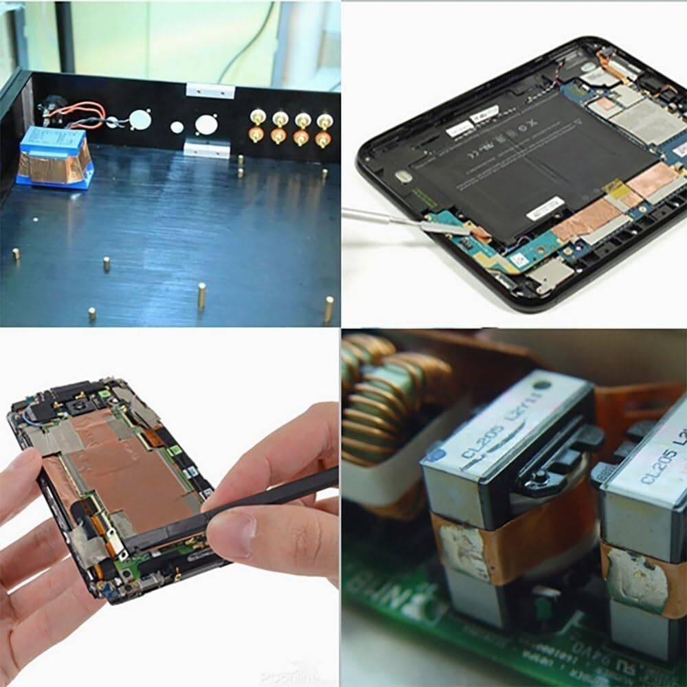 12mm One Sided Copper Foil Conductive Adhesive Tape - shown in a collage of four photos demonstrating its application on electronic device components.