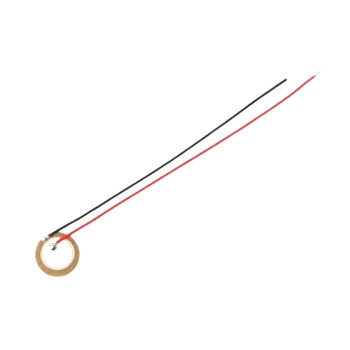 12mm Piezoelectric Ceramic Buzzer beep Wafer Plate sound - shown as a circular yellow ceramic disc with one red wire and one black wire attached.