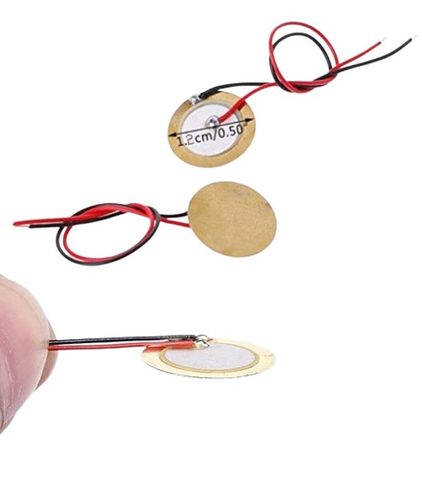 12mm Piezoelectric Ceramic Buzzer beep Wafer Plate sound - three round gold-coloured metal discs with red and black wires, one marked 1.2cm/0.50.
