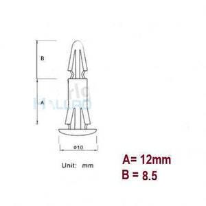12mm Plastic PCB Circuit Board Spacer - shown as a technical line drawing with dimension labels A and B and a 10mm base diameter indicator.