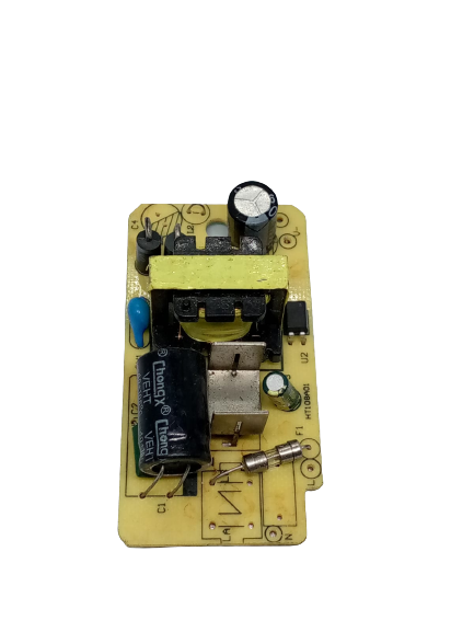 12V 1000mA 12V 1A Power Supply Isolated Switching Power Supply AC DC Power Supply - a yellow printed circuit board with a transformer, a large black capacitor, a fuse, and various electronic parts.