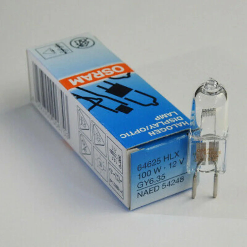 12V 100W Halogen Bulb For Bio Medical Instruments 64625 Hlx 900LM 3450k Warm White GY6.35 Halogen Lamp - standing next to its blue and white branded cardboard packaging box.