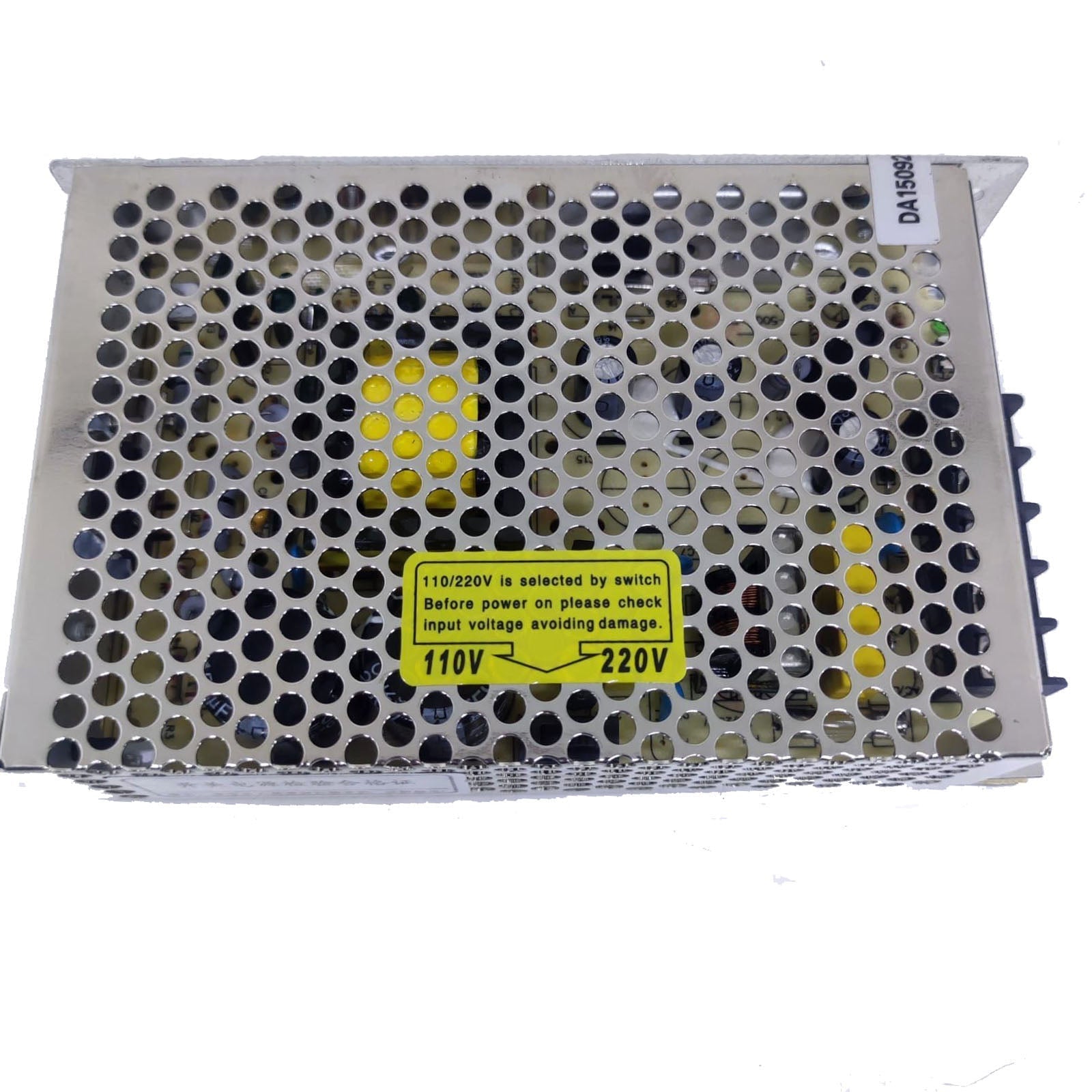 12V 10A Max Well Power Supply - in a silver metal perforated casing with a yellow warning label indicating a 110V/220V input voltage selection switch.