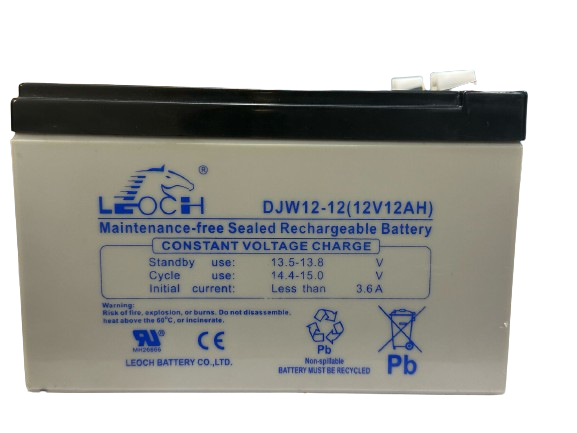 12V 12Ah Lead Acid Battery - a rectangular grey and black sealed rechargeable battery with two metal terminals on top and product specifications printed.