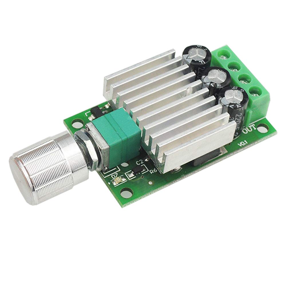12V 24V 10A PWM For Motor Speed Controller Adjustable Speed Regulator Dimmer Control Switch For Fan Motors LED Light Motor Speed Controller - a silver rotary knob, a large aluminum heatsink, three capacitors, and a green four-terminal block.