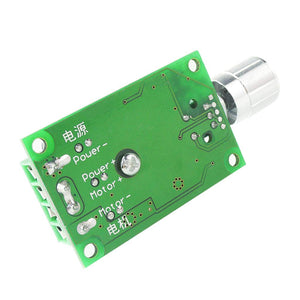 12V 24V 10A PWM For Motor Speed Controller Adjustable Speed Regulator Dimmer Control Switch For Fan Motors LED Light Motor Speed Controller - the green circuit board underside with labeled power and motor terminals and a silver rotary knob.