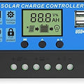12V 24V 10A Solar Charge Controller Dy-002 - a blue and black rectangular device with a central LCD screen, three buttons, dual USB ports, and terminals.