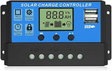 12V 24V 10A Solar Charge Controller Dy-002 - a blue and black rectangular device with a central LCD screen, three buttons, dual USB ports, and terminals.
