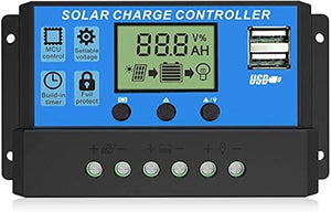 12V 24V 10A Solar Charge Controller Dy-002 - a blue and black rectangular device with a central LCD screen, three buttons, dual USB ports, and terminals.