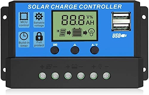 12V 24V 10A Solar Charge Controller Dy-002 - a blue and black rectangular device with a central LCD screen, three buttons, dual USB ports, and terminals.