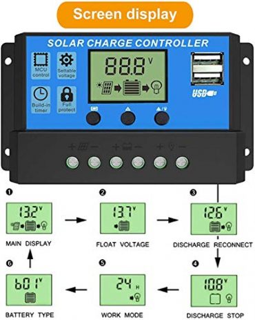 12V 24V 10A Solar Charge Controller Dy-002 - a black and blue device with an LCD screen, three buttons, two USB ports, and a diagram of settings.