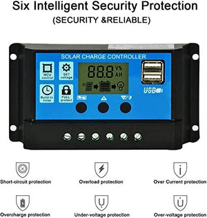 12V 24V 10A Solar Charge Controller Dy-002 - a black rectangular device with a blue front panel, LCD screen, three buttons, and two USB ports.