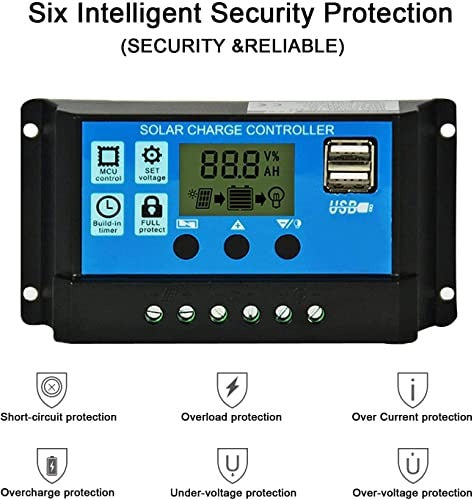 12V 24V 10A Solar Charge Controller Dy-002 - a black rectangular device with a blue front panel, LCD screen, three buttons, and two USB ports.