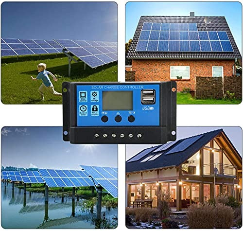12V 24V 10A Solar Charge Controller Dy-002 - a blue and black controller with a screen, three buttons, and two USB ports, surrounded by solar panel scenes.