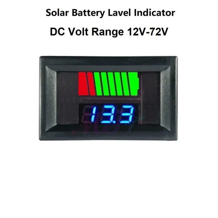 12V 24V 60V 72V Battery Capacity Indicator Lead Acid Power Car Digital Voltmeter - a black rectangular housing with a green and red battery level bar graph and a blue digital 13.3 display.