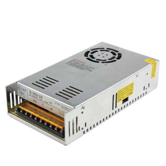 12V 29A DC Power Supply New - a silver, rectangular metal unit featuring a top-mounted cooling fan, side ventilation slots, and a terminal block.