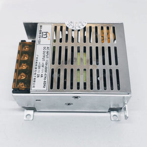 12V 2A And 5V 4A Dual Output DC Power Supply - a silver metal-cased unit with a five-terminal screw block and a printed label showing input/output specs.