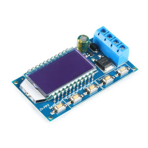 12V-30V ZK-PP2 PWM Pulse Generator Module – Motor Speed & LED Dimming Controller - a blue circuit board featuring an LCD screen, a four-pin terminal block, and five small push-button switches.