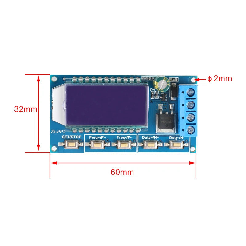 12V-30V ZK-PP2 PWM Pulse Generator Module – Motor Speed & LED Dimming Controller - shown as a blue circuit board with a display, five buttons, a terminal block, and red dimension lines.
