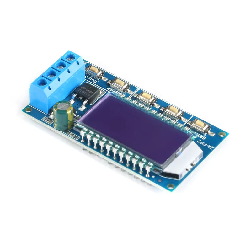 12V-30V ZK-PP2 PWM Pulse Generator Module – Motor Speed & LED Dimming Controller - a blue circuit board with a blue terminal block, a black display screen, and four small push buttons.