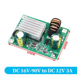12V 3A Buck Converter DC 9V 12V 24V 36V 48V 72V 84V 90V To 12V 3A Step Down Module Power Supply DC DC Converter Buck Converter Step Up Converte - a green circuit board with a silver heatsink, two cylindrical capacitors, an inductor, and labeled IN and OUT terminals.