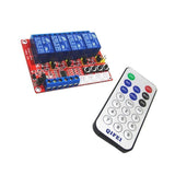 12V 4 Channel IR Infrared Remote Control Switch Relay Module Board Kit - a red PCB with four blue relays, screw terminals, and an IR remote.