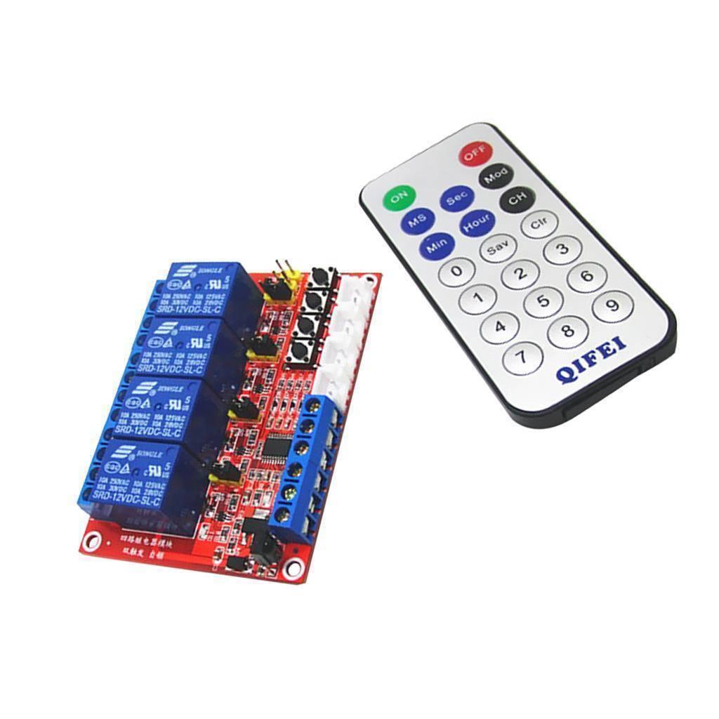 12V 4 Channel IR Infrared Remote Control Switch Relay Module Board Kit - shown with a red circuit board, four blue relays, and a white remote control.