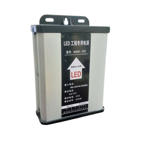 12V 400W Rainproof LED Power Supply, Output Voltage 12V DC - a silver rectangular unit with a black label displaying technical specifications and a bottom terminal block.