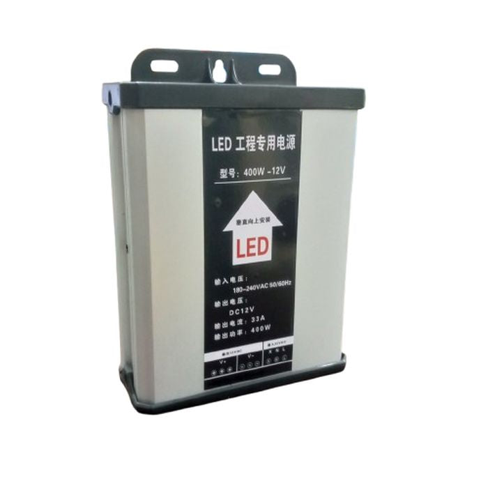12V 400W Rainproof LED Power Supply, Output Voltage 12V DC - a silver rectangular unit with a black label displaying technical specifications and a bottom terminal block.