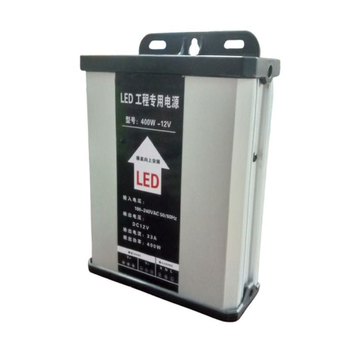 12V 400W Rainproof LED Power Supply, Output Voltage 12V DC - a silver rectangular unit with a black label featuring technical specifications and a vertical mounting arrow.