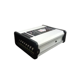 12V 400W Rainproof LED Power Supply, Output Voltage 12V DC - shown as a silver rectangular metal unit with a black terminal block featuring several screw connectors at the front.