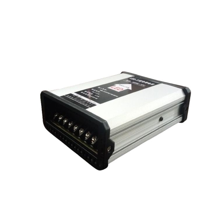 12V 400W Rainproof LED Power Supply, Output Voltage 12V DC - shown as a silver rectangular metal unit with a black terminal block featuring several screw connectors at the front.