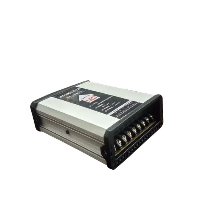 12V 400W Rainproof LED Power Supply, Output Voltage 12V DC - a rectangular silver metal unit with a black terminal block featuring multiple screw connectors on the side.