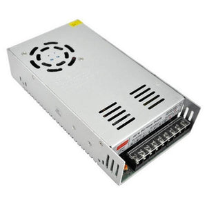 12V 40amp Power Supply - a silver rectangular metal unit with an integrated cooling fan and a terminal block for AC input and DC output connections.