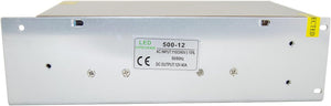 12V 40amp Power Supply - a rectangular silver metal unit with a label displaying 500-12, AC input 110/240V, and DC output 12V 40A specifications.