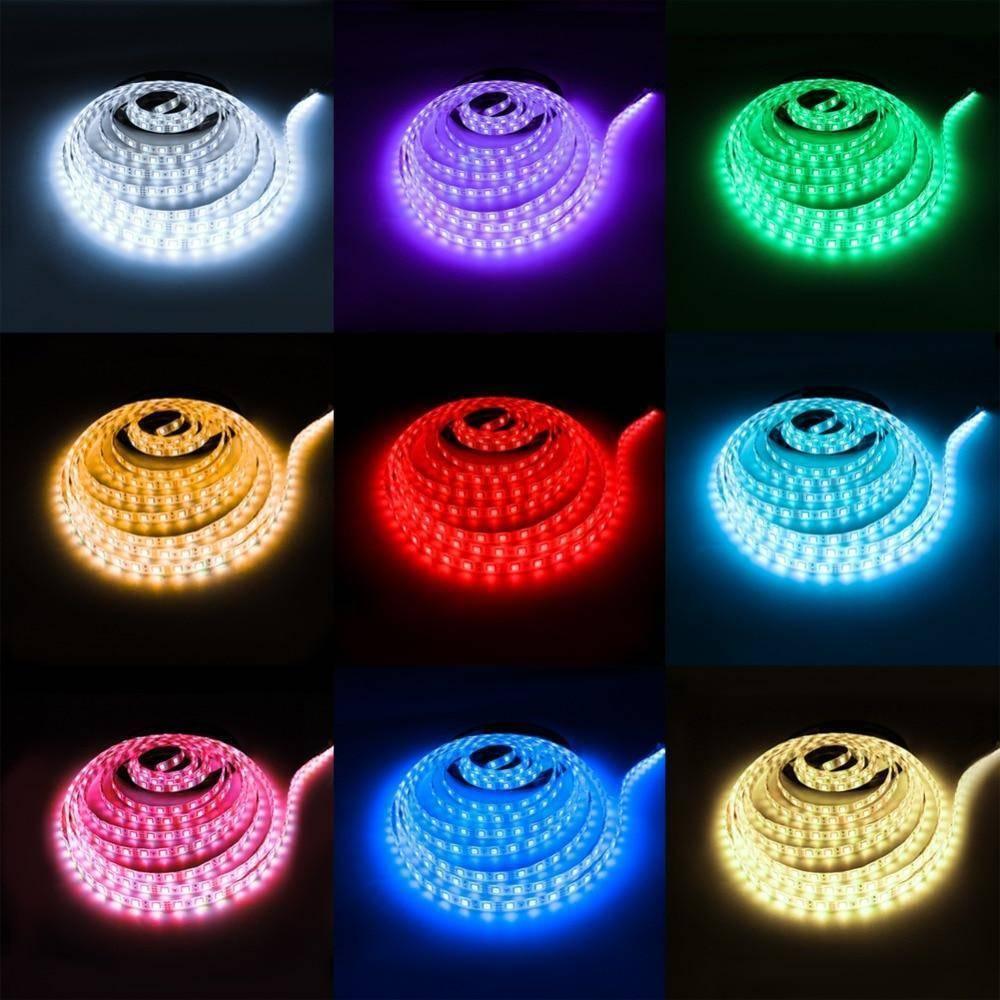 12V 5 Meter Red Color LED Light Strip 30 LED Per Meter - shown as a coiled roll of flexible LED lights displayed in nine different glowing color variations against a black background.