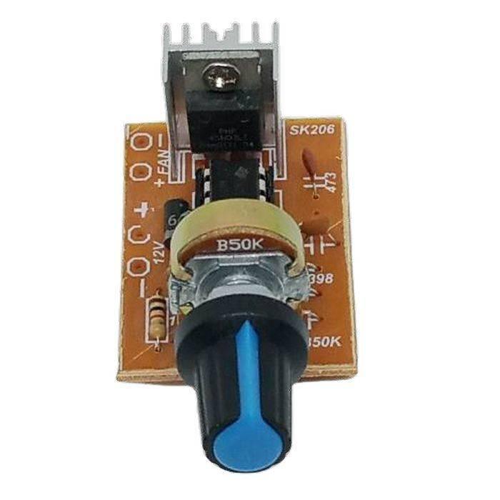 12V 5A DC Dimmer DC Fan Motor PWM Speed Controller Module Discontinue product - a brown circuit board with a heatsink, a B50K potentiometer knob, and terminal ports.